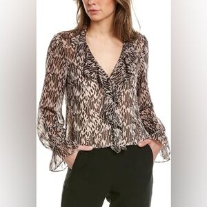 New Ted Baker Bertei Brown Abstract‎ Beaded Trim Ruffle Sheer Blouse